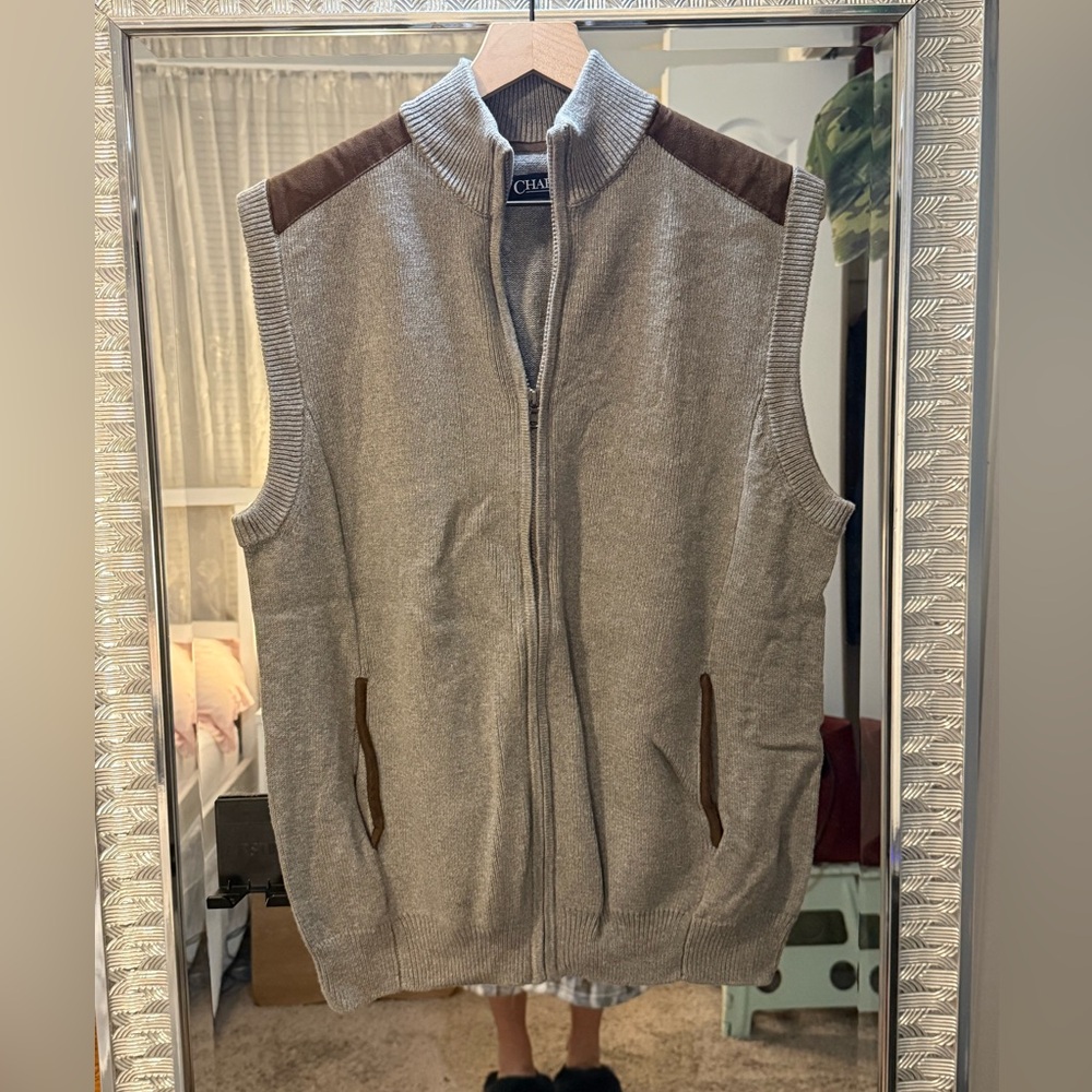 NWT Chaps Gray Knit Vest with Brown Trim